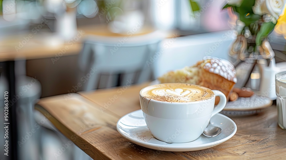 Fototapeta premium Cozy cafe setting featuring a beautifully crafted latte with intricate art on a wooden table, with a welcoming atmosphere...