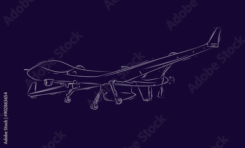 Obraz na płótnie Large airborne reconnaissance armed drone drawn in white on blue background w salonie
