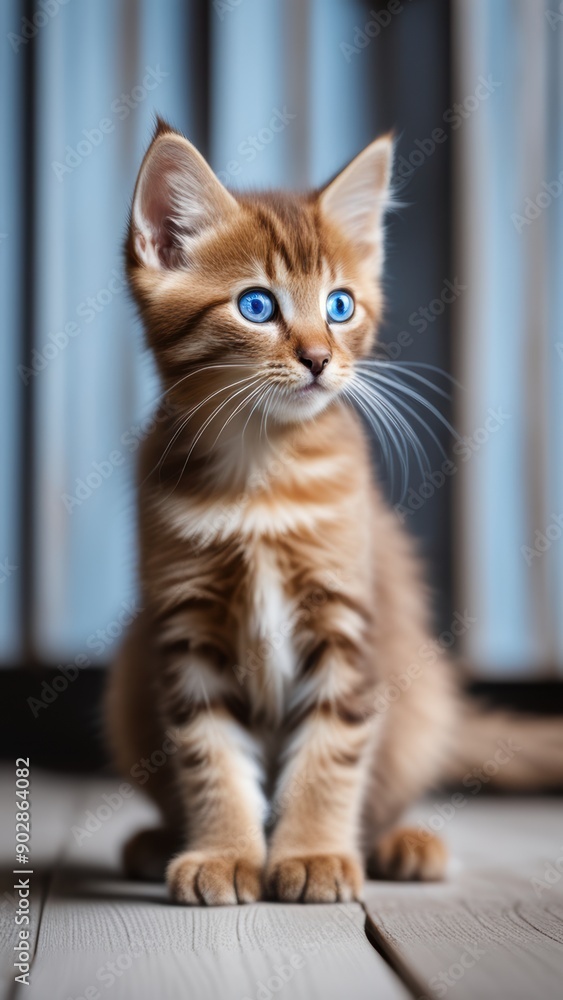 Curious young tabby kitten with striking blue eyes sits on a textured wooden floor ears perked gazing at unseen wonders. Curious young tabby kitten with striking blue eyes sits on a textured wooden floor ears perked gazing at unseen wonders.