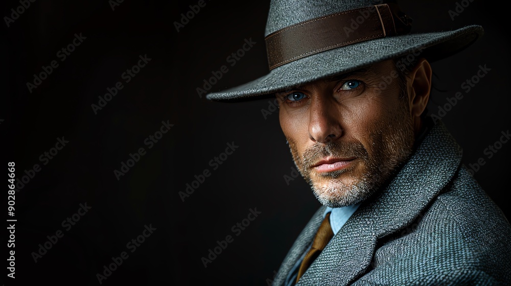 Man in gray suit and fedora, dark background, sophisticated and classic Man in gray suit and fedora, dark background, sophisticated and classic