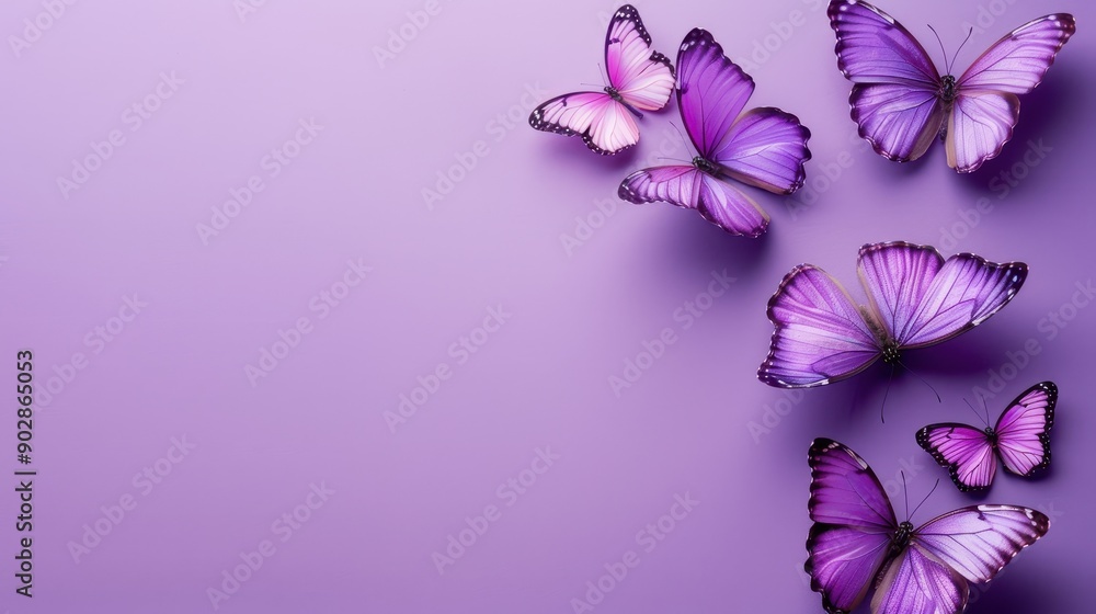 Obraz premium A row of purple butterflies are arranged in a line. The butterflies are all different sizes and are positioned at various angles. Concept of harmony and beauty