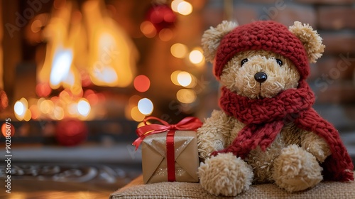 Wallpaper Mural Holiday teddy bear and christmas gift and fireplace on background Torontodigital.ca