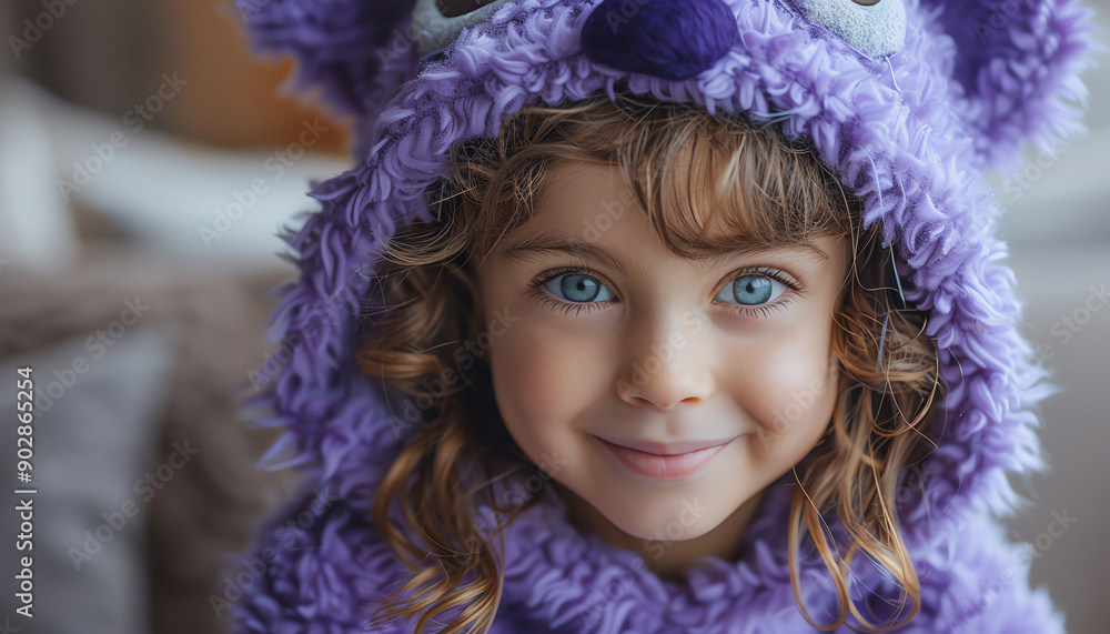 Smiling child in purple monster costume, purple background, joyful and cute