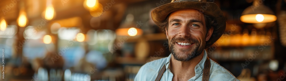 Smiling farmer with cows, outdoor farm, soft focus, warm sunlight Smiling farmer with cows, outdoor farm, soft focus, warm sunlight
