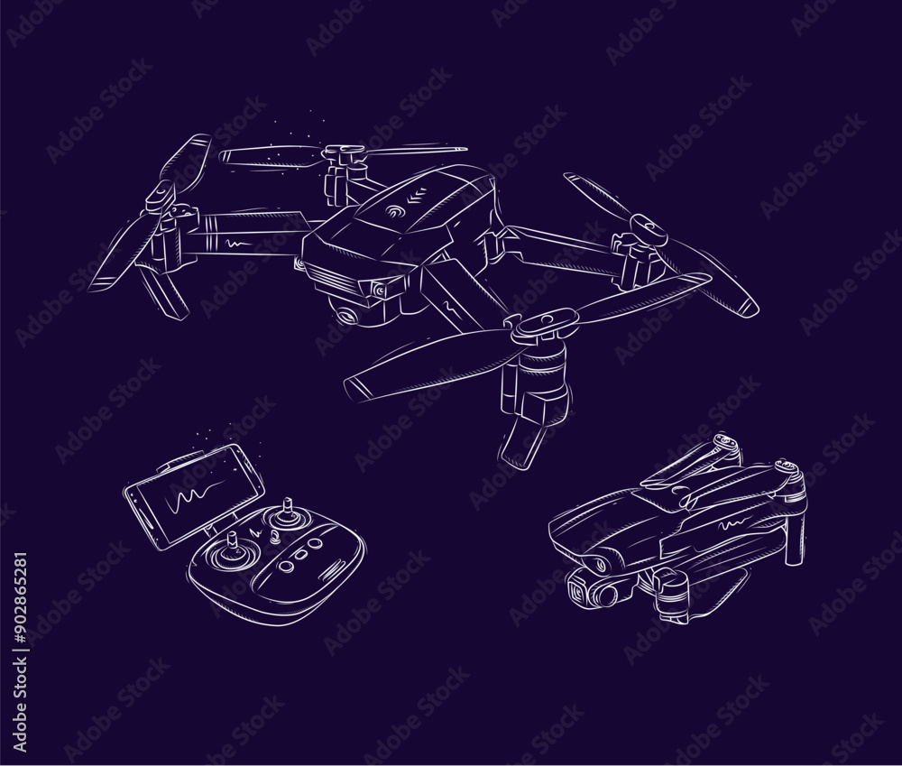 Drone quadcopter in folded and unfolded form and controller for remote control drawn in white on blue background