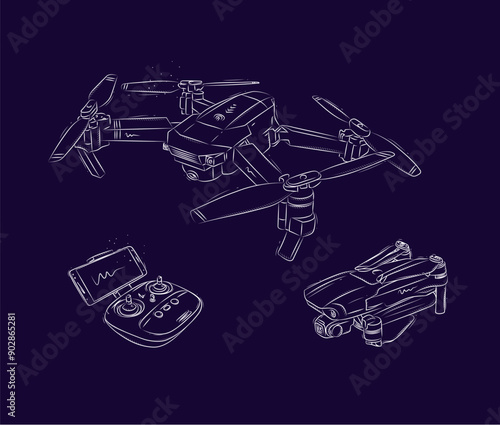 Drone quadcopter in folded and unfolded form and controller for remote control drawn in white on blue background