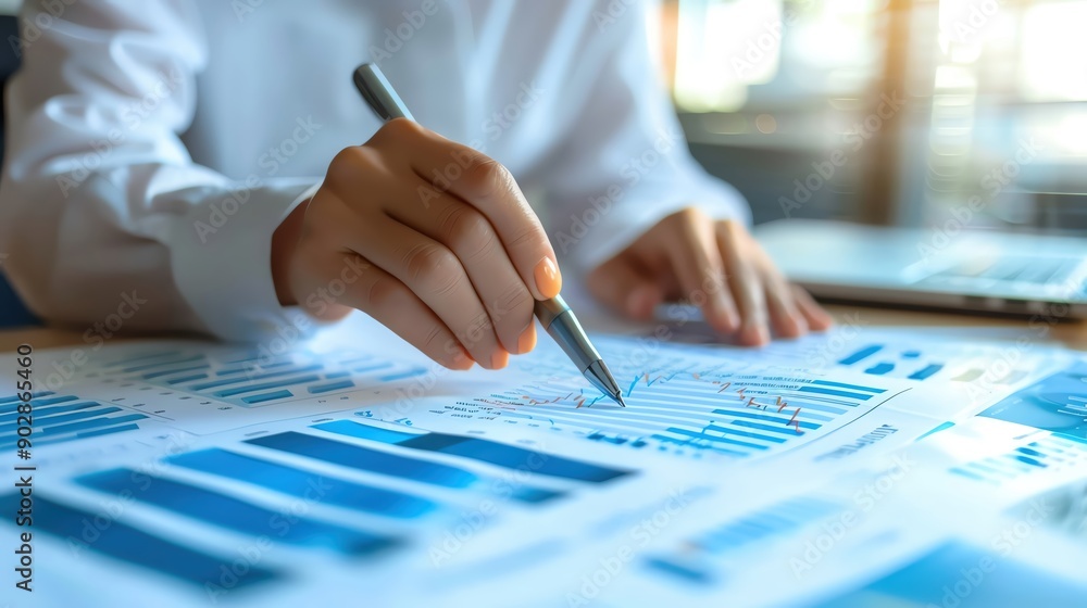 Close up of a businesswoman analyzing financial charts and graphs. Close up of a businesswoman analyzing financial charts and graphs.