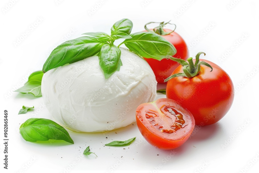 Delicious Mozzarella Cheese with Fresh Basil and Tomatoes. Hand painted Watercolor Illustration Delicious Mozzarella Cheese with Fresh Basil and Tomatoes. Hand painted Watercolor Illustration