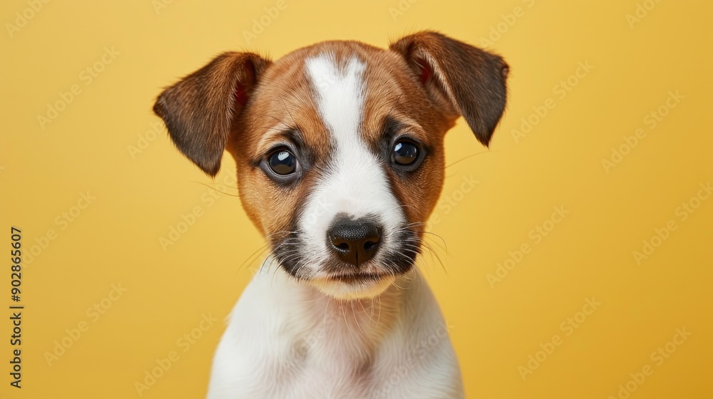 Adorable Two Month Old Jack Russell Terrier Puppy with Folded Ears on Yellow Background Adorable Two Month Old Jack Russell Terrier Puppy with Folded Ears on Yellow Background