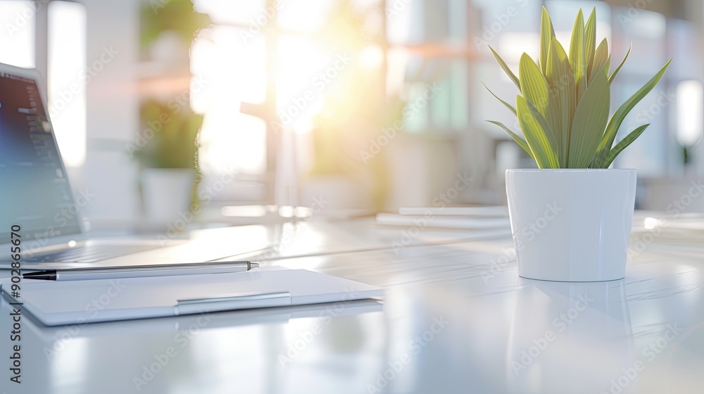 A bright office desk featuring a laptop, notebook, pen, and a green plant in a white pot, creating a fresh and productive workspace.. A bright office desk featuring a laptop, notebook, pen, and a green plant in a white pot, creating a fresh and productive workspace..