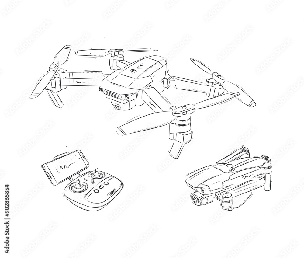 Drone quadcopter in folded and unfolded form and controller for remote control drone drawn in white on blue background