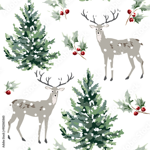 Christmas seamless pattern, deer animals, fir trees, holly twigs with red berries, snow, white background. Vector illustration. Nature design. Season greeting. Winter Xmas holidays