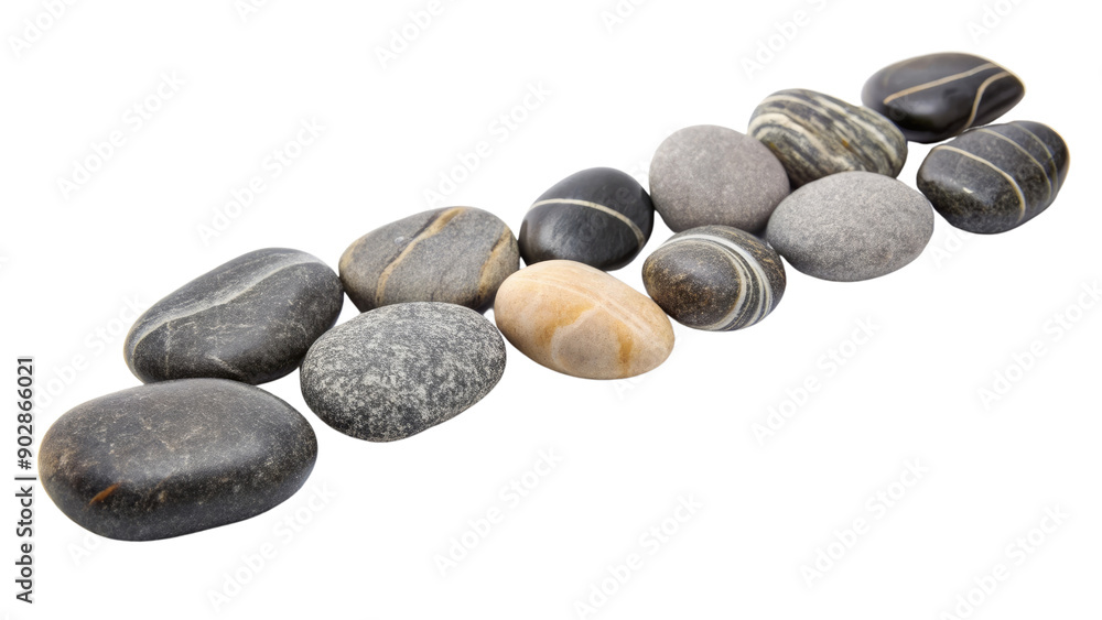 Smooth black and white pebbles arranged in a row isolated on a transparent background Smooth black and white pebbles arranged in a row isolated on a transparent background