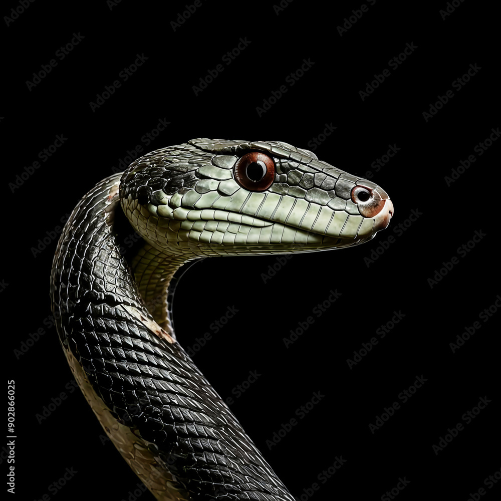 Fototapeta premium a snake on a black background. the symbol of the new year 2025. illustration. artificial intelligence generator, AI, neural network image. background for the design.