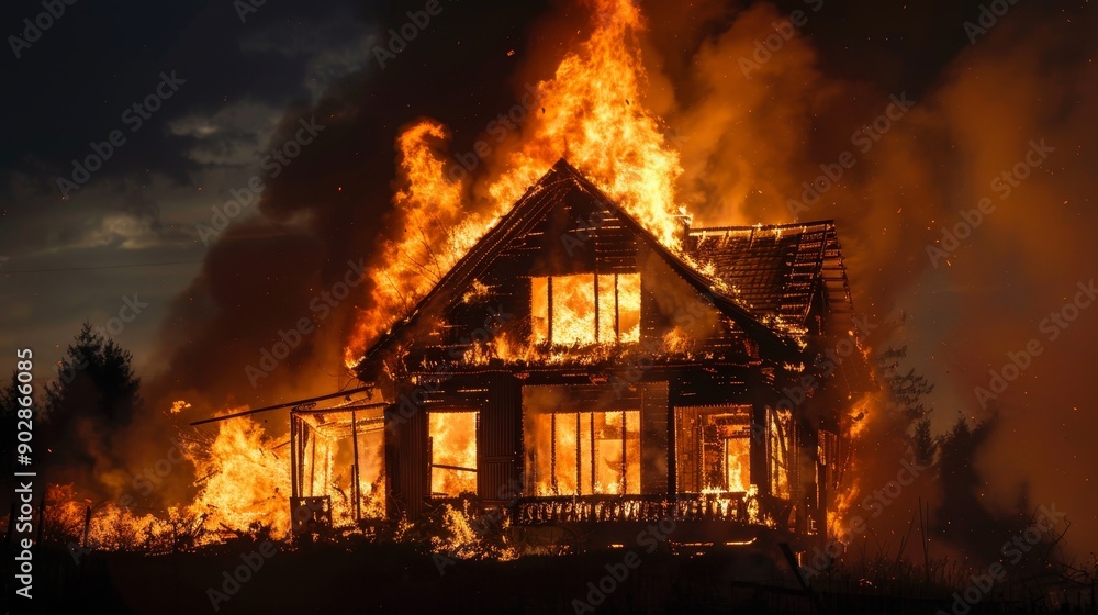 view of a fire engulfing a house at night view of a fire engulfing a house at night