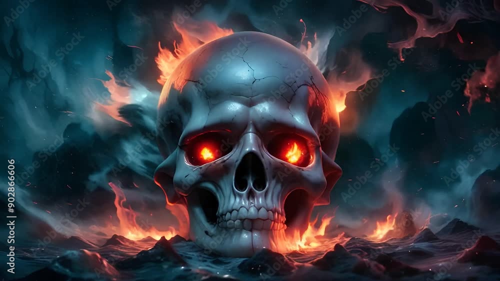 Evolving Skull Fire orange Blue hues dark stormy clouds background ocean waves swirling vortex 4k Background Evolving Skull Fire orange Blue hues dark stormy clouds background ocean waves swirling vortex 4k Background