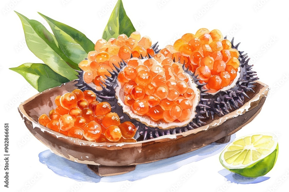 Delicious Sea Urchin Caviar. Hand-drawn Watercolor Illustration of Fresh Japanese Sashimi Ingredient Delicious Sea Urchin Caviar. Hand-drawn Watercolor Illustration of Fresh Japanese Sashimi Ingredient