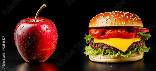 red, ripe apple and hamburger on a black background, fruits, cutlet and cheese, healthy and unhealthy food. artificial intelligence generator, AI, neural network image. background for the design.