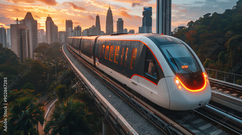 Fototapeta premium Modern metro train in cityscape at dusk. Modern metro train traveling through a cityscape at dusk, highlighting urban transit against a sunset backdrop.