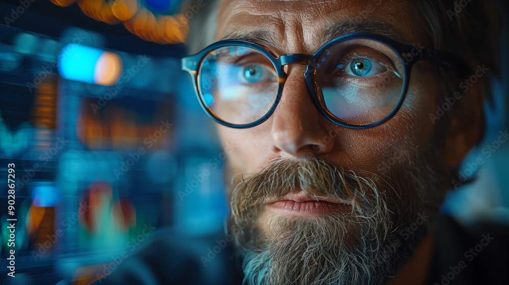 Man analyzing market trends on computer. Man with glasses deeply focused on analyzing market trends on a computer screen, with data graphs and charts in the background. Man analyzing market trends on computer. Man with glasses deeply focused on analyzing market trends on a computer screen, with data graphs and charts in the background.