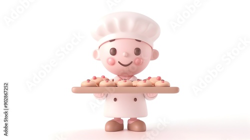 Adorable Clay Baker Holding Tray of Freshly Baked Cookies on White Background