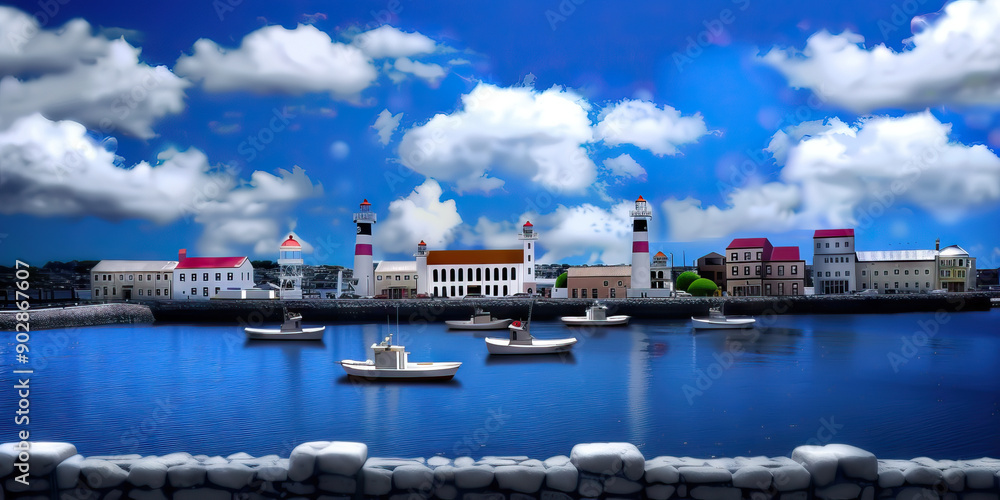 Bustling Waterfront of Massachusetts - A vibrant harbor scene with boats bobbing in the water and a colorful row of lighthouses in the distance