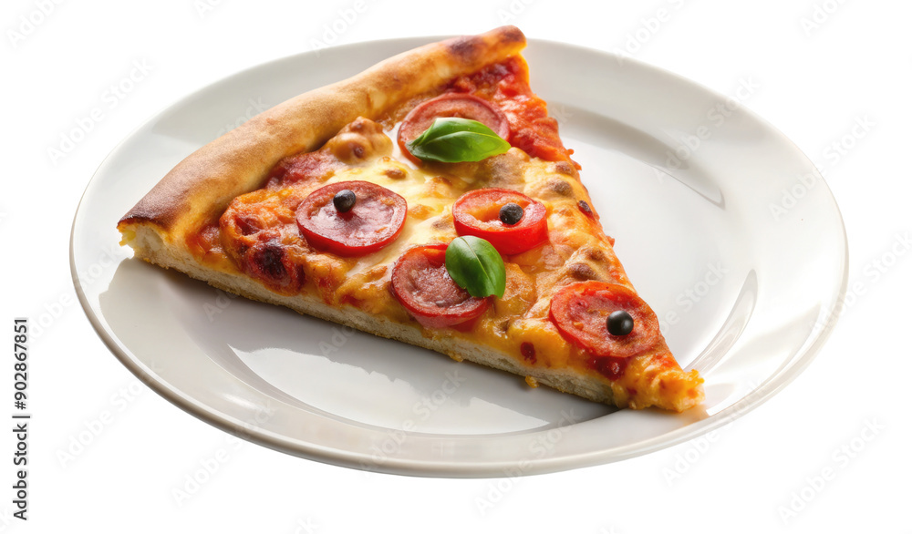 Slice of pizza with toppings on a white plate isolated on a transparent background Slice of pizza with toppings on a white plate isolated on a transparent background