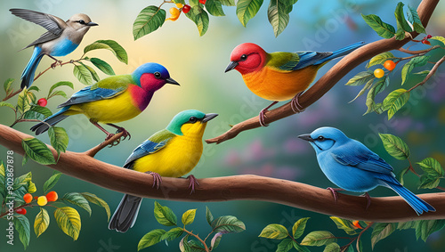 Birds on a branch discover the colorful avain harmony of nature, Beautiful colorful birds on a tree nature background Generated by Ai photo