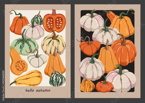 Happy Halloween party poster set. Autumn harvest festival posters with pumpkins. Farmers autumn market covers for invitations, greetings, brochure.
