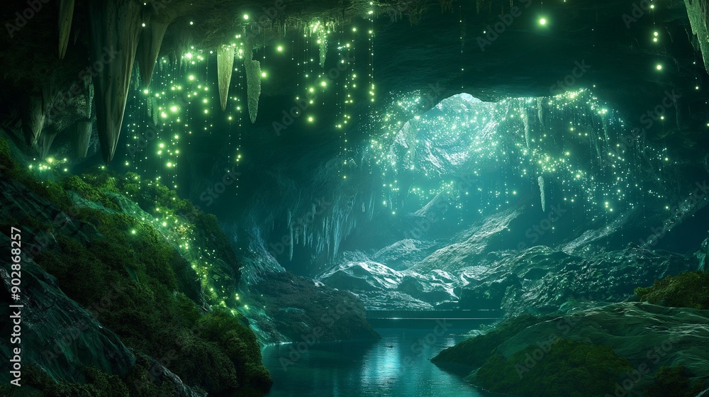 Fototapeta premium A mystical cave illuminated by glowing lights.