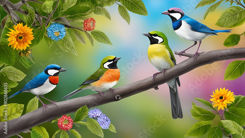 Birds on a branch discover the colorful avain harmony of nature, Beautiful colorful birds on a tree nature background Generated by Ai photo