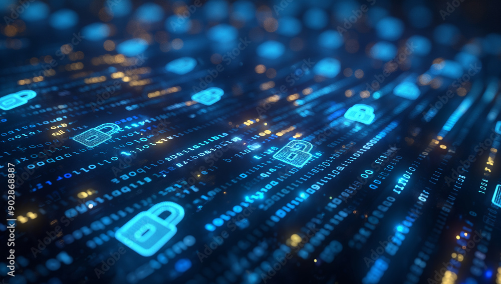 Cyber Security Abstract Background with Padlocks and Binary Code Cyber Security Abstract Background with Padlocks and Binary Code