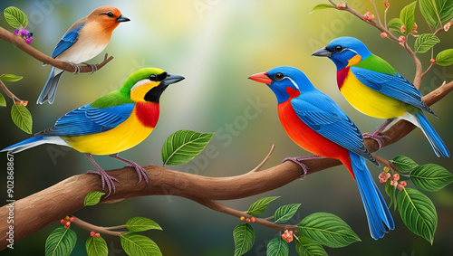 Birds on a branch discover the colorful avain harmony of nature, Beautiful colorful birds on a tree nature background Generated by Ai photo