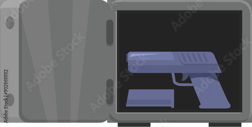 Open metal safe with gun inside storing valuable object at bank or home for protection