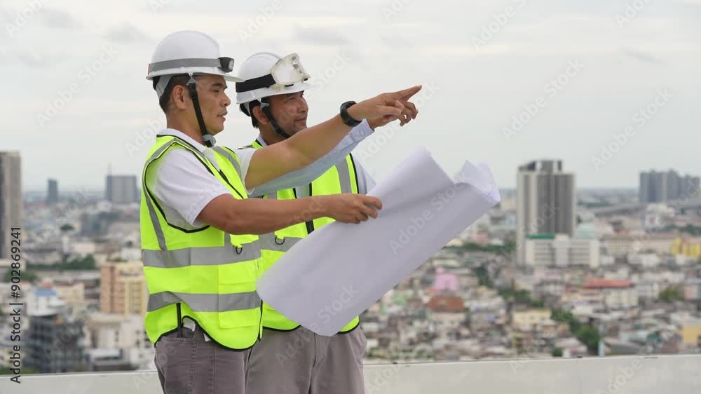 Worker with blueprint and another talking on the phone at a construction site