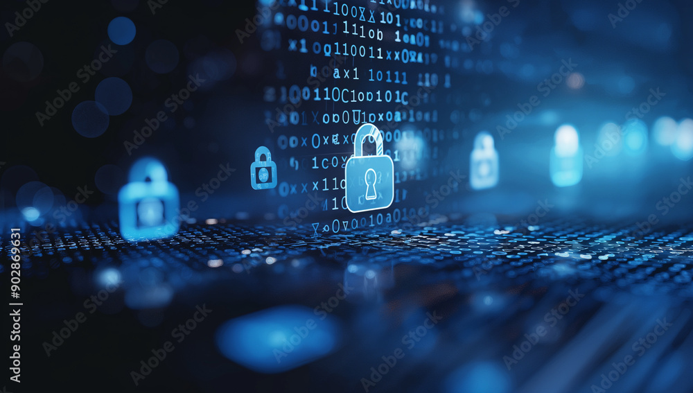 Cyber Security Concept - Padlocks and Binary Code Cyber Security Concept - Padlocks and Binary Code