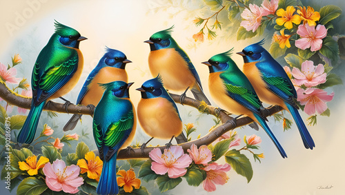 Birds on a branch discover the colorful avain harmony of nature, Beautiful colorful birds on a tree nature background Generated by Ai photo