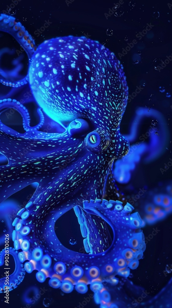Obraz premium Bioluminescent Octopus Glowing Underwater in Deep Blue Sea