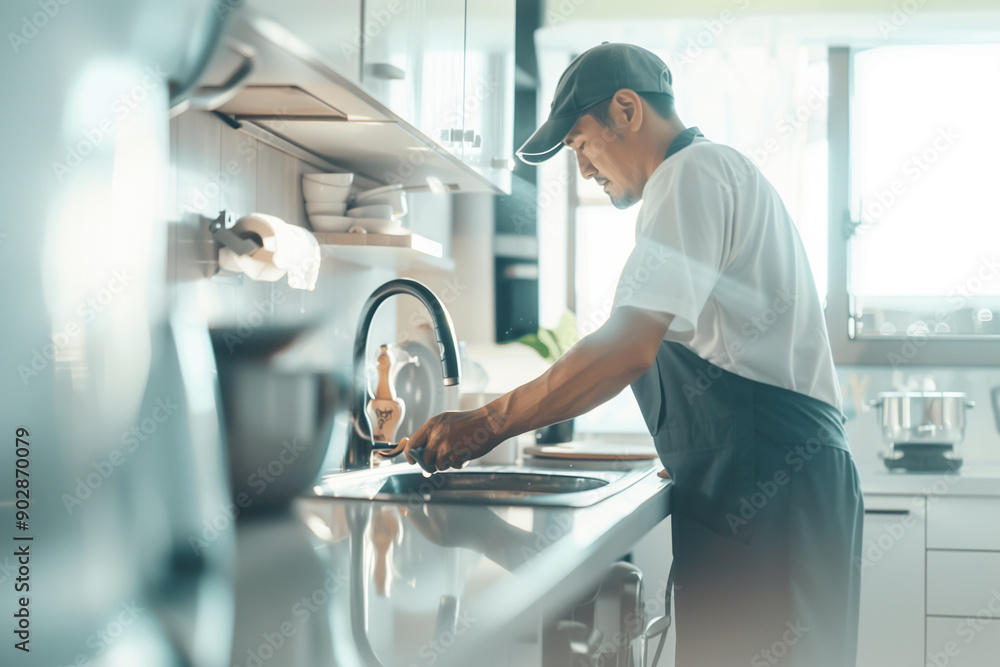 Young handsome plumber in uniform fixing pipes under sink: bathroom home service, professional handyman maintenance job Young handsome plumber in uniform fixing pipes under sink: bathroom home service, professional handyman maintenance job
