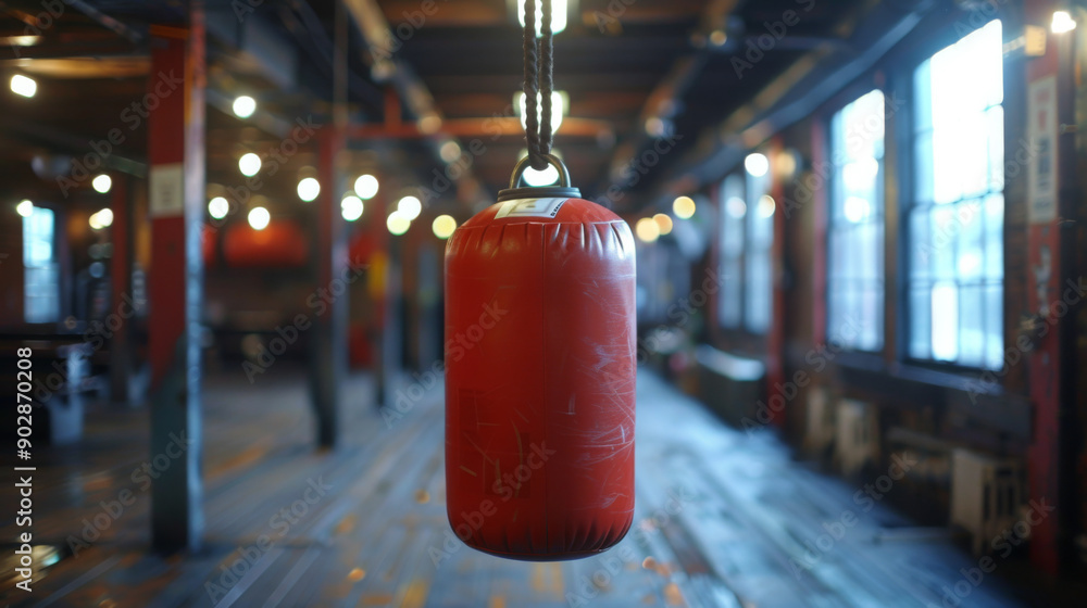 Close-up of a red punching bag hanging in an empty boxing gym, emphasizing training and fitness. Close-up of a red punching bag hanging in an empty boxing gym, emphasizing training and fitness.