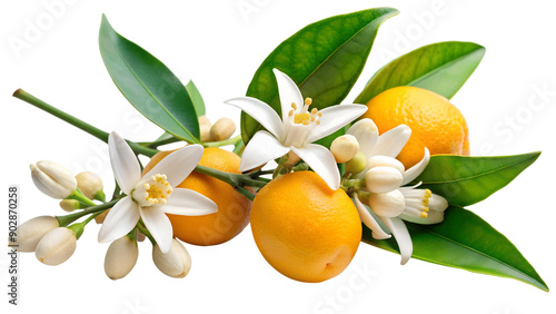 Twig of Neroli citrus with blossom and fruits isolated on white transparent background, cut out png element. Citrus aurantium neroli photo