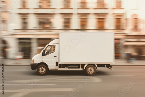 Fototapeta Naklejka Na Ścianę i Meble -  Side view of small truck vehicle with empty blank white mockup driving through city street: template for advertisement, commercial business transport, delivery cargo