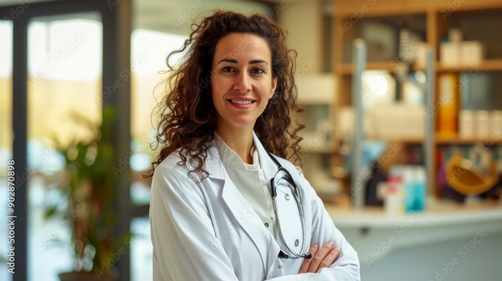 Smiling doctor in a white coat, standing in a bright, modern clinic Smiling doctor in a white coat, standing in a bright, modern clinic