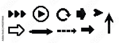 8 Bit pixel arrows vector big set of icons, collection of arrow direction cursors in old PC or gaming console style, single color symbols