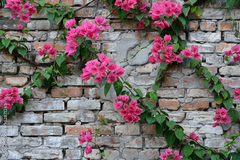Brick Wall Flowers. Pink Bougainvillea Climbing Plants Against Grey Stone Garden Background Brick Wall Flowers. Pink Bougainvillea Climbing Plants Against Grey Stone Garden Background
