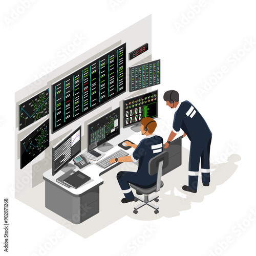 power plant grid management electrical engineer working job on monitors control isometric isolated industrial concept illustration
