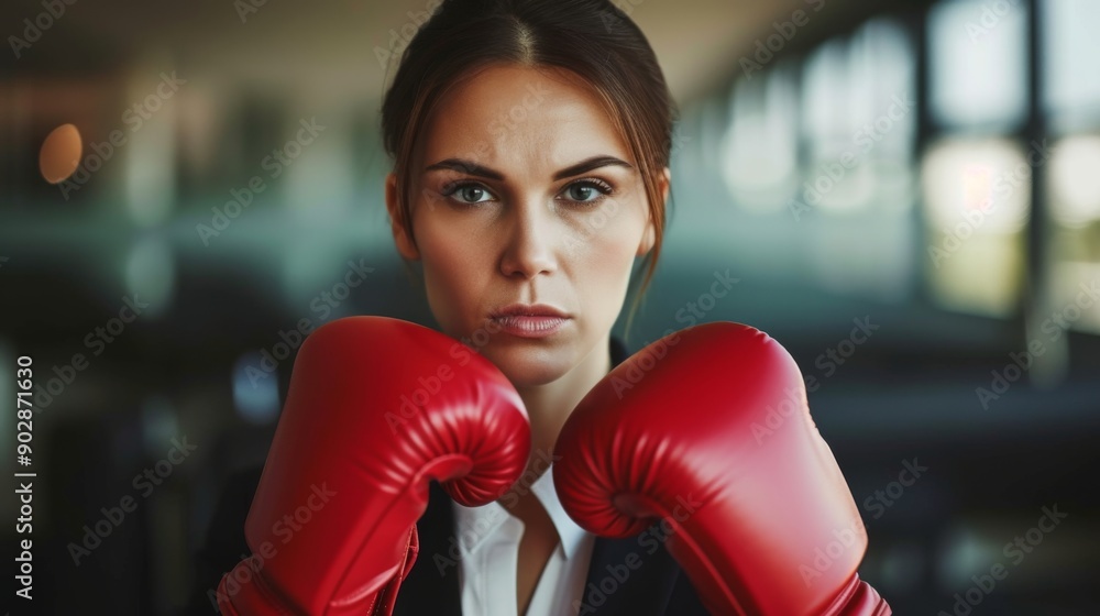 Confident businesswoman wearing boxing gloves Confident businesswoman wearing boxing gloves