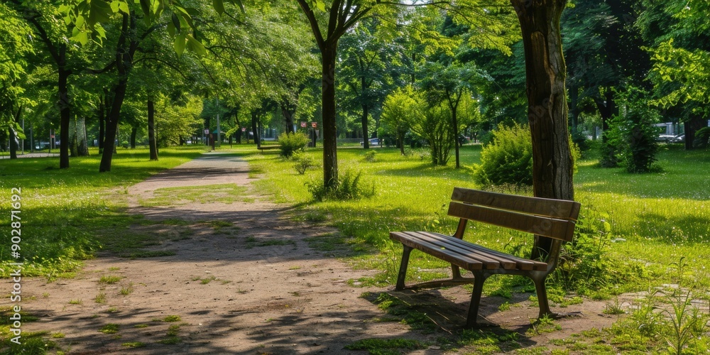 Park And Recreation. City Green Park with Sunny Nature, Trees, and Garden Bench Park And Recreation. City Green Park with Sunny Nature, Trees, and Garden Bench