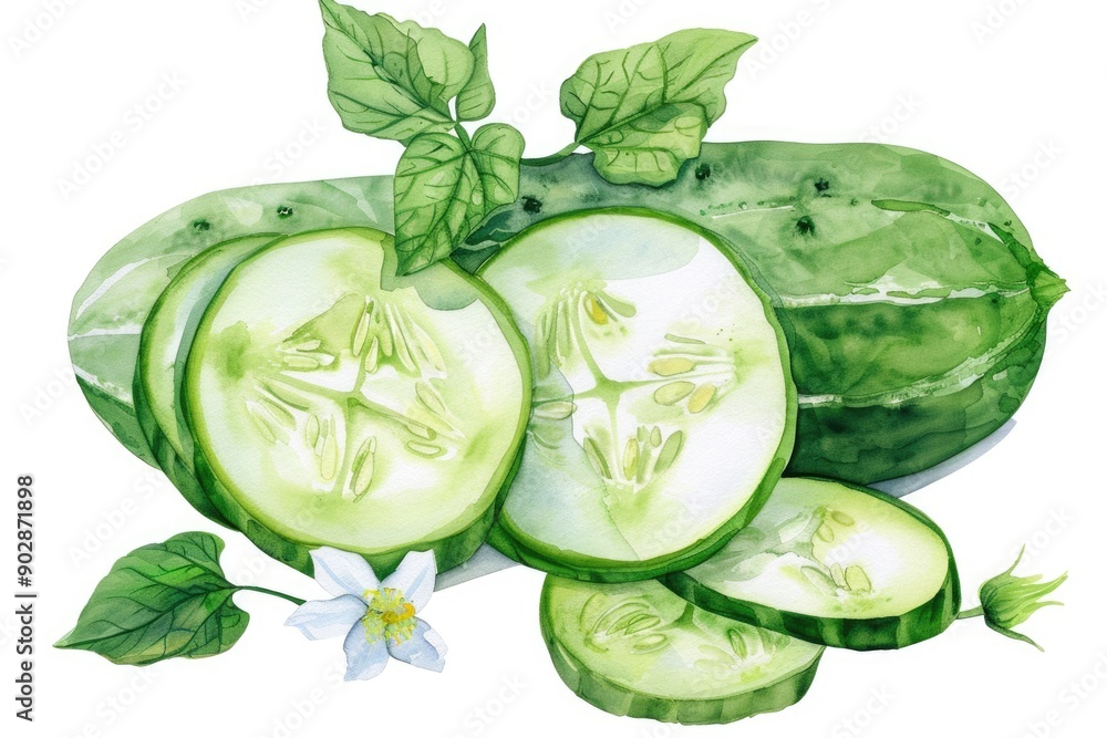 Fresh Green Cucumber Watercolor Illustration Isolated on White Background with Flower and Leaves Fresh Green Cucumber Watercolor Illustration Isolated on White Background with Flower and Leaves