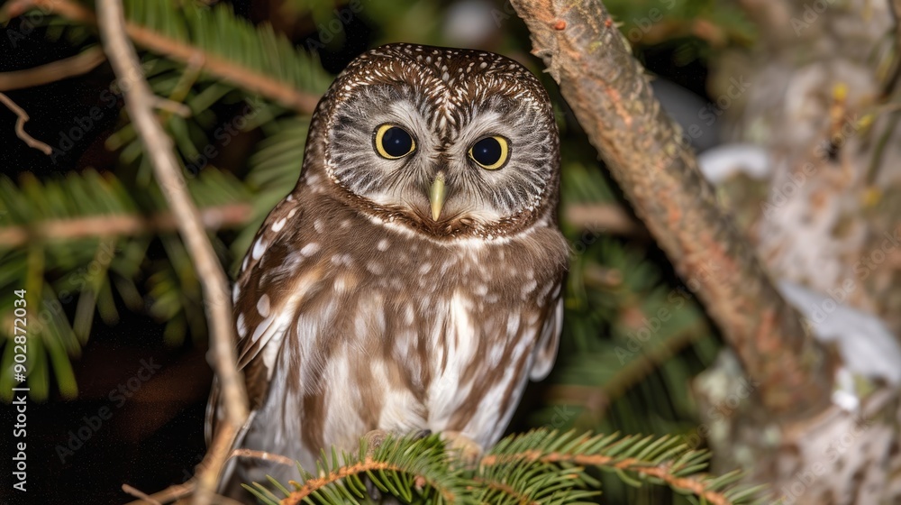 Juvenile northern saw whet owl in the wild Juvenile northern saw whet owl in the wild
